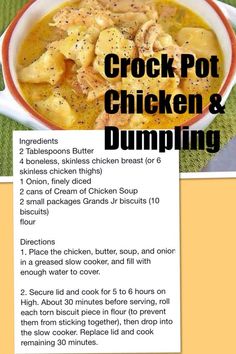 the recipe for crock pot chicken and dumpling is shown in an image above