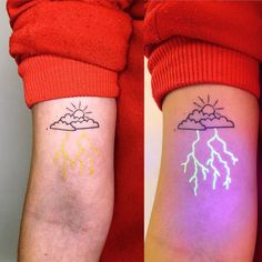 two people with tattoos on their arms and one is showing the same lightning tattoo design