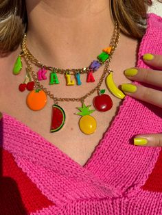 The statement necklace is pear-fect for every outfit!! This necklace features painted enamel fruit charms that will be the star of your berry cute outfit!! All the fun colors make this a necklace that can pair with nearly every other color! 16-19.5’ Adjustable Measurements Add another fruit accessory! Red Cherry Earrings https://www.aspynandivy.com/products/red-cherry-earrings?_pos=2&_sid=d2d9bbfbd&_ss=r