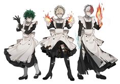 three anime characters dressed in black and white outfits with flames coming out of their hands