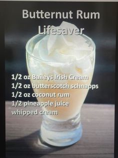 the butternut rum lifesaver recipe is displayed on a tabletop with information about it