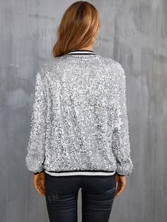 SHEIN Privé Drop Shoulder Striped Trim Sequin Varsity Jacket | SHEIN USA Long Sleeve Sequin Outerwear For Spring, Sequined Long Sleeve Outerwear For Spring, Long Sleeve Sequined Outerwear For Fall, College Jacke, Varsity Jacket Women, Women Jackets, Kids Beachwear, Outerwear Women, Drop Shoulder