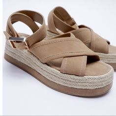 Zara Chunky Espadrilles Sandals In Taupe. Leather Upper. Lines Platform Wedges. Buckled Ankle Strap Closure. Size 7.5 Beige Flat Platform Espadrilles, Espadrille Platform Sandals For Day Out, Platform Espadrilles With Round Toe For Day Out, Zara Beige Sandals For Vacation, Casual Platform Espadrilles For Summer Outings, Beige Espadrille Wedge Sandals With Textured Footbed, Zara Open Toe Wedge Sandals For Beach, Zara Round Toe Wedge Sandals For Summer, Trendy Espadrilles For Summer Outings With Round Toe