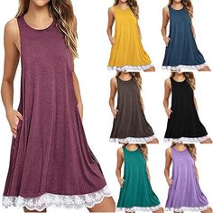 Top Rated Women's Casual Sleeveless Solid Loose Tunic Top Shirt Blouse Dress Plus Size, Womens Dresses Pleated Party Dress, Women Cotton Dress, Dresses Cotton, Lace Summer Dresses, Printed Casual Dresses, Black Dresses Casual, Dress Silhouette, Casual Lace, Boho Beach