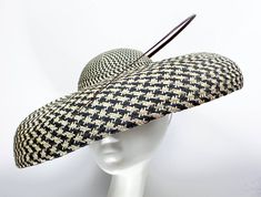 The classic Dior style brim is hand formed from a black and white woven buntal straw. It has the simple elegant detail of a single deep red ostrich quill. It measures 17" diameter, and is 8" deep overall. It is worn with a kickstand so it will fit any size of head. Amy Fowler, Classic Dior, Dior Style, Classy Hats, Dior Hat, Fall Hats, Classic Hats