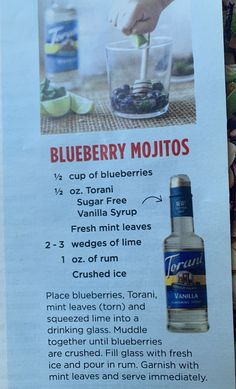 the menu for blueberry mojitos is shown in english and spanish, as well as instructions on how to make it