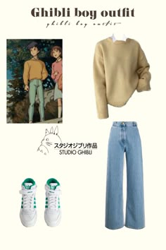 Sweater, blue jeans, white sneakers Ghibli Inspired Outfits Men, Studio Ghibli Outfits Men, Studio Ghibli Clothes Aesthetic, Ghibli Outfits Men, Ghibli Aesthetic Clothes, Studio Ghibli Inspired Outfits, Yellow Casual Outfit, Studio Ghibli Men, Ghibli Inspired Outfits