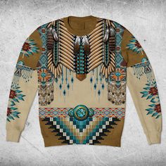 a sweater with feathers and beads on it