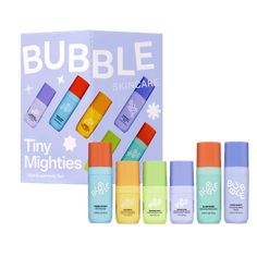 the bubble skin care kit includes five different products, including three bottles and one tube