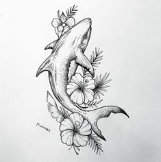 a drawing of a shark with flowers on it