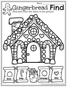 a gingerbread find and color worksheet for kids to practice their reading skills