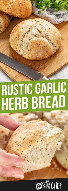 garlic herb bread cut in half on a cutting board