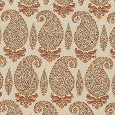 an orange and brown paisley pattern on a white background with red, yellow, and blue accents