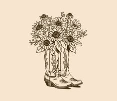 a pair of cowboy boots with sunflowers in them on a beige background illustration