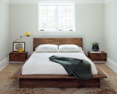 Nehalem Solid Wood Platform Bed in Eastern Walnut with Wall Hung Nightstands Minimal Bed Frame, Dark Wood Bed Frame, Spavaca Soba, Denim Wall, Bed Goals, Dark Wood Bed, Low Bed Frame, Platform Bed Designs, Wooden Platform Bed