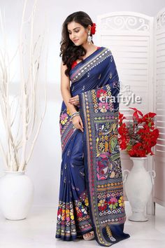 This is authentic hand embroidered Kantha Stitch Saree from Santiniketan, Birbhum district in Bengal. The unique multi-thread kantha embroidery design is entirely handcrafted by our skilled artisans. The most significant aspect of hand embroidery is the running stitch pattern that accentuates the various motifs. The running blouse piece is included with this soft silk saree. Saree Length : 5.5 meters Blouse Piece Length : 0.8 meters Design : Hand Kantha Work Fabric : Blended Bangalore Silk Washi Blue Tussar Silk Fabric With Resham Embroidery, Unstitched Blue Tussar Silk Embroidered Fabric, Blue Floral Embroidered Art Silk Saree, Blue Art Silk Saree With Floral Embroidery, Blue Embroidered Tussar Silk Saree, Blue Tussar Silk Fabric With Zari Embroidery, Blue Tussar Silk Saree With Embroidery, Blue Bohemian Traditional Wear With Motifs, Blue Floral Embroidered Saree For Navratri