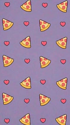 a purple background with hearts and pizza slices on it's side, all in the same pattern