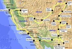 a map shows the route to california and other cities in black on a yellow line