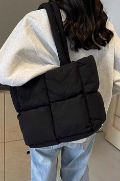 Black Bags For School In Winter, Black School Bag For Winter, Puffer Bag Outfit, Puffer Tote Bag, Puffer Bag, Convertible Tote Bag, Wrap Shoes, Heel Accessories, Athleisure Tops