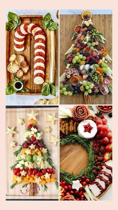 four different pictures with food in them and one has a christmas tree made out of fruit