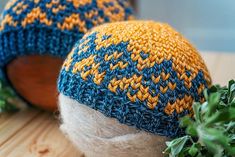 two blue and yellow knitted hats sitting on top of a wooden table next to green plants