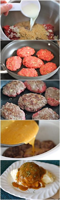 the process of making hamburger patties is shown in three different stages, including being cooked and cooking