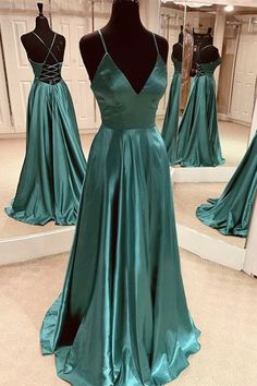 A Line V Neck Open Back Emerald Green Satin Long Prom Dress, Backless Emerald Green Formal Graduation Evening Dress Green Satin Prom Dress, Satin Long Prom Dress, Green Formal Dresses, Prom Dress Inspo, Prom Dress Ideas, Prom Inspo, Backless Prom Dresses, Prom Dress Inspiration, Cute Prom Dresses