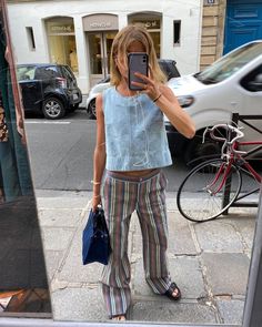 Linen Striped Pants Outfit, Striped Linen Pants Outfit, Striped Pants Outfit, Summer Stripes Outfit, Pool Party Dress, 2022 Fall Outfits, Denim Vest Outfit, Stripe Pants Outfit, Style Fall Outfits