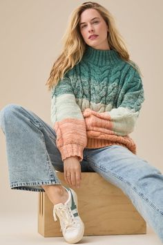 Cozy up in style with this chunky knit oversized sweater. Featuring an ombre stripe pattern, this piece is perfect for adding a touch of warmth and texture to your wardrobe. White Dress Boots, Knit Oversized Sweater, Unique Fall, Skirts With Boots, Knit Sweaters, Oversized Knitted Sweaters, Teal Orange, Altard State, Chunky Sweater