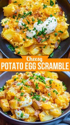 two plates filled with potato egg scramble on top of a wooden table next to an orange napkin