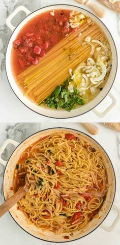 two pans filled with pasta and sauce next to each other