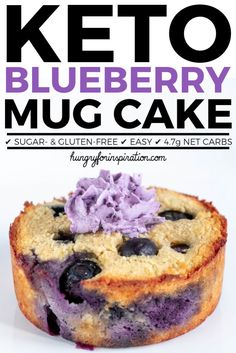 a blueberry muffin cake on a plate with the title keto blueberry mug cake