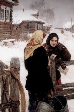 two women standing outside in the snow with buckets on their heads and one holding a newspaper