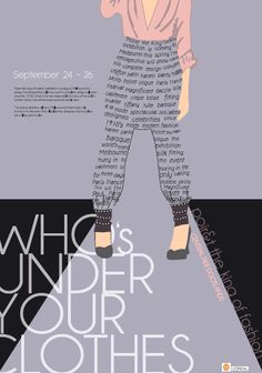 a woman in pink shirt and pants standing on top of a poster with the words who under your clothes?