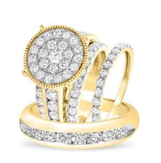 two wedding rings with diamonds on top and bottom, set in yellow gold plated silver