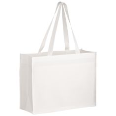 If you are looking to make a big presence during your next trade show or conference, the Drishti Custom Laminated Large Shopper Tote offers a spacious 16" wide design with a 6" bottom gusset making it easier to pack in anything attendees would gather from the event. The front and back space is large, giving plenty of room for event sponsors to get maximum exposure with attendees. Customize the front and back side of the tote with edge to edge full color sublimation which is laminated after print Non Woven Fabric, Shopper Tote, Box Bag, Color Box, Trade Show, Long Handles, White Bag, Laminate, Tote Bag