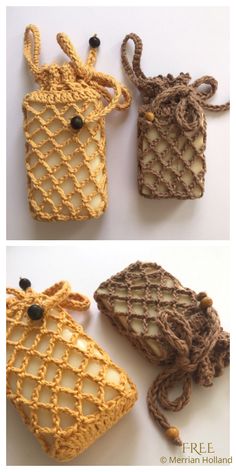 crocheted bags are shown in three different ways, one is yellow and the other is brown