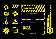 some yellow and black stickers are on a black background with the words frame future