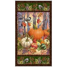 an autumn scene with pumpkins and birds