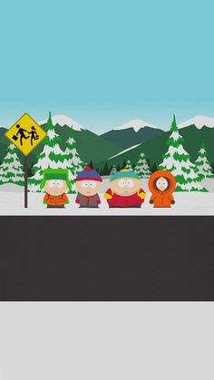 three cartoon characters standing in front of a road with trees and snow on the ground