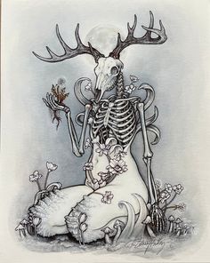 a drawing of a skeleton sitting on the ground with flowers in his hand and an antler