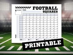 a printable football squares is shown in front of an empty field with the scoreboard on it