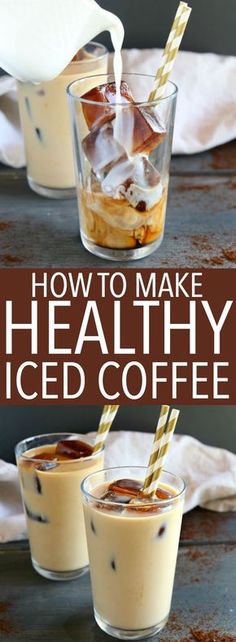 how to make healthy iced coffee in glasses with straws and ice cream on top