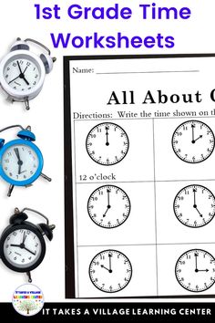 four clocks with the words 1st grade time worksheets in front of it and below them