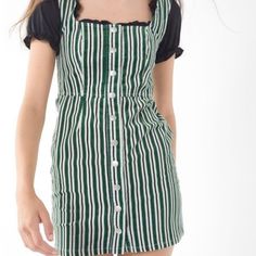 Brand New Urban Outfitters Green Stripped Button Up Tank Dress Casual Striped Button-up Dresses, Retro Summer Mini Dress With Buttons, Trendy Green Button-up Dress, Striped Mini Dresses With Buttons, Striped Mini Dress With Buttons, Green Mini Dress With Buttons For Day Out, Green Button-up Mini Dress With Button Closure, Striped Mini-length Dresses With Buttons, Trendy Green Dress With Buttons