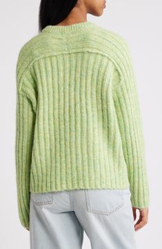 Wide-ribbed trim adds to the visual interest of this lightly marled sweater knit with a hint of wool for extra warmth. 22 1/2" length (size Medium) Crewneck Long sleeves 70% polyester, 21% nylon, 8% wool, 1% elastane Machine wash, dry flat Imported Green Knit Sweater With Ribbed Collar, Cozy Green Sweater With Ribbed Collar, Green Spring Cardigan With Ribbed Cuffs, Heather Knit Sweater For Fall, Heather Winter Sweater For Layering, Knit Sweater For Layering With Ribbed Collar, Knit Sweater With Ribbed Collar For Layering, Heather Sweater With Ribbed Cuffs For Winter, Cozy Spring Sweater With Ribbed Collar