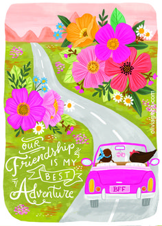 a pink car driving down a road with flowers on it and the words our friends is my best adventure