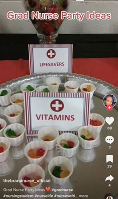 there is a tray that has cups on it with the name of the party in red and white