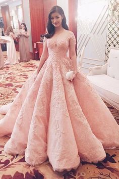 Orchid Romantic Shimmery V Neck Ruffle Sleeves Maxi Long Evening Gowns Peach Ball Gown, Gold Ball Gown, Pink Ball Gown, Prom Dresses Long Pink, Quinceanera Dresses Pink, Princess Prom Dresses, Pink Evening Dress, Lace Ball Gowns, Pink Prom Dress