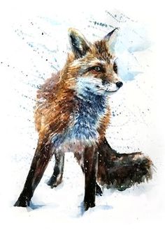 a painting of a fox sitting in the snow